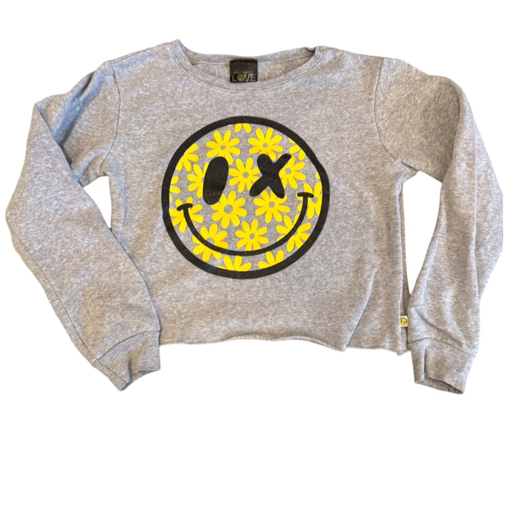 LOVE JUNKIE Gray Cropped Sweatshirt with Yellow Smiley Face
